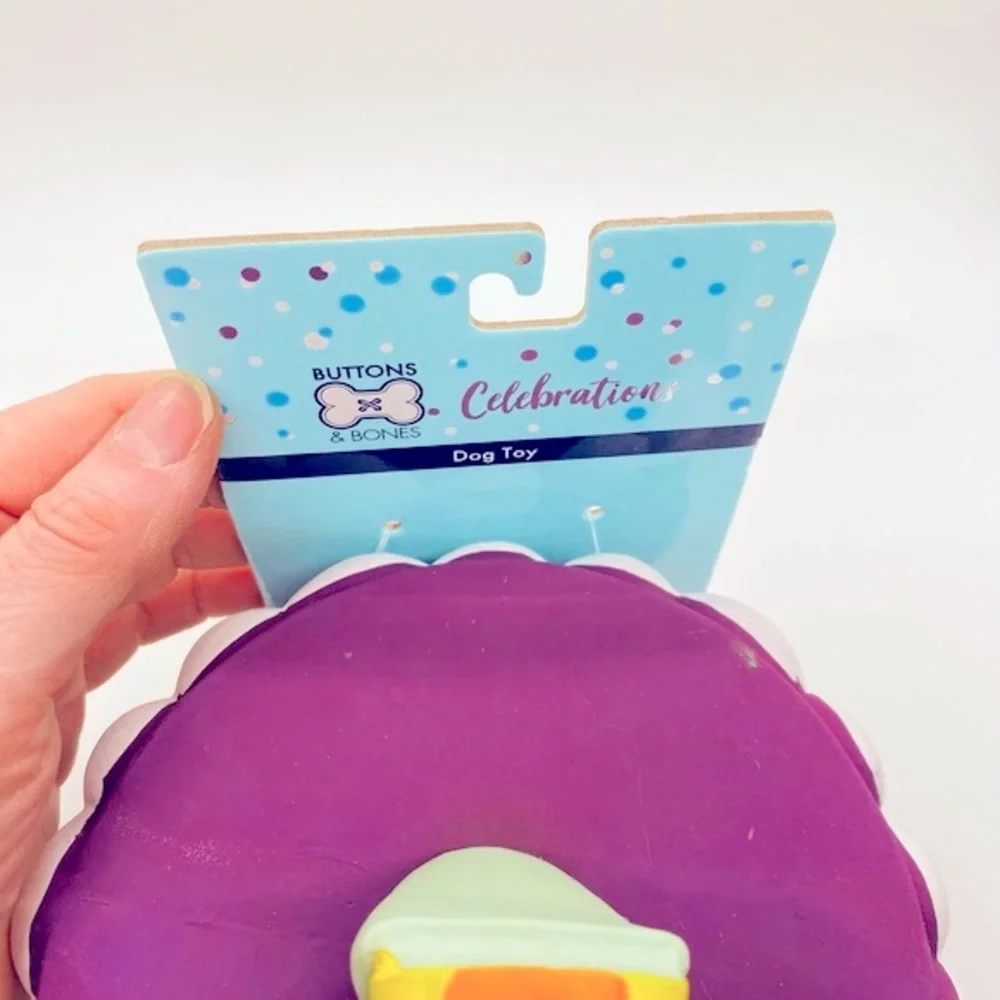 NWT Buttons & Bones Celebrations Dog Birthday Cake Squeak Toy Purple w/C…